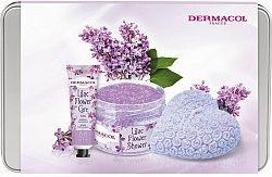 Dermacol Lilac Flower Shower tělový peeling 200 g + krém na ruce 30 ml + dekorativní vonná svíčka + plechová krabička darčeková sada