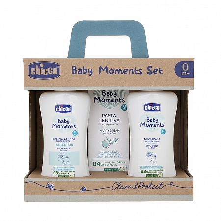 Chicco Baby Moments šampón na celé telo pre deti 200 ml + detský šampón na vlasy 200 ml + upokojujúci detský krém proti zapareninám 100 ml